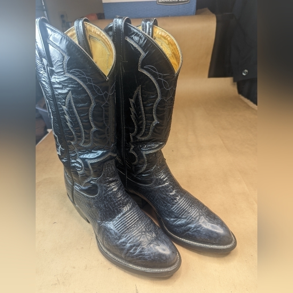 Tony Lama boots men's size 9D shrunken Bull Shoulder blue/gray leather classic W